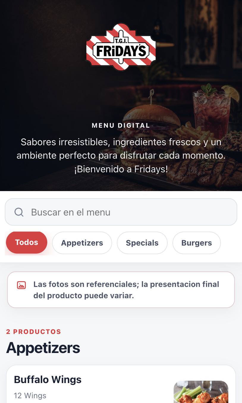 TGI Fridays Digital Menu with search, categories, and products.