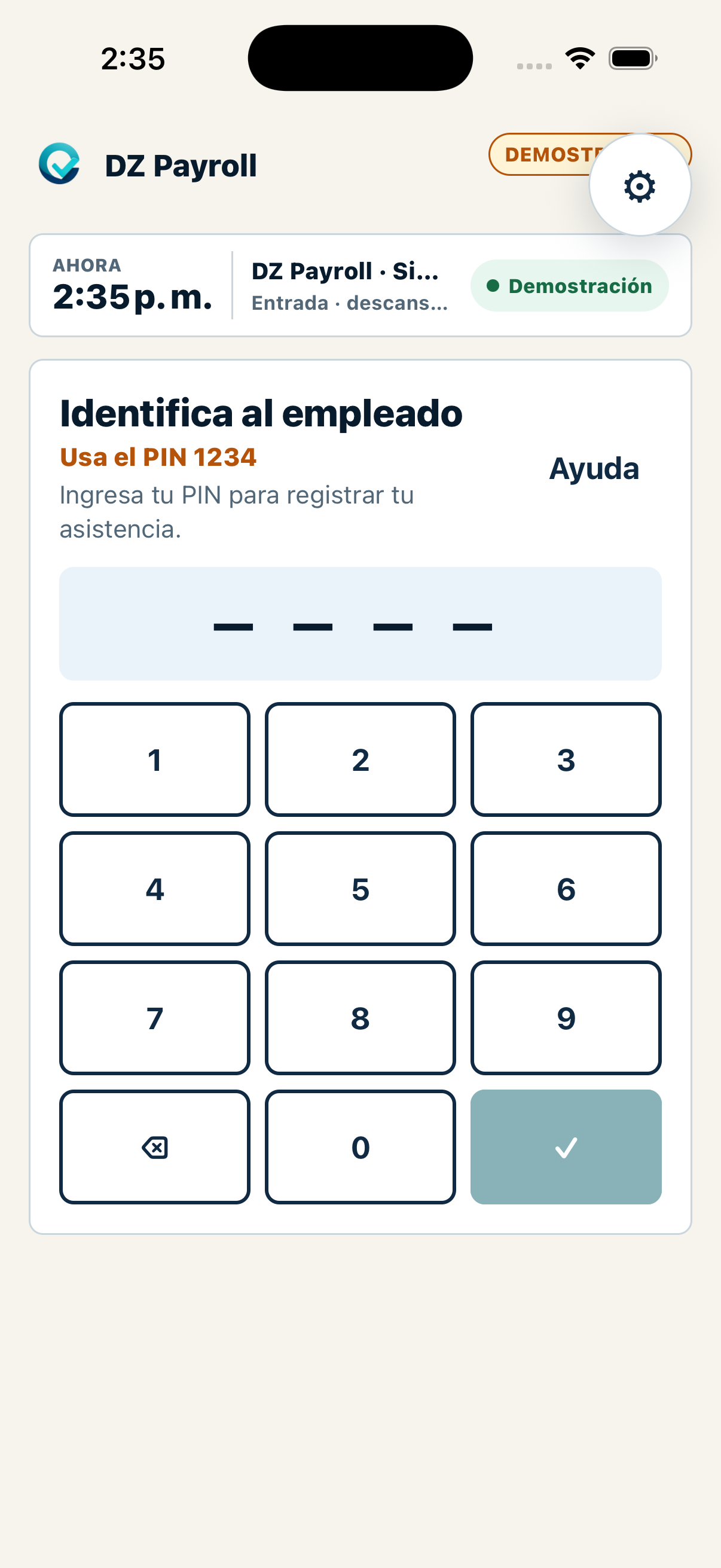 DZ Payroll app showing employee attendance clock-in by PIN.